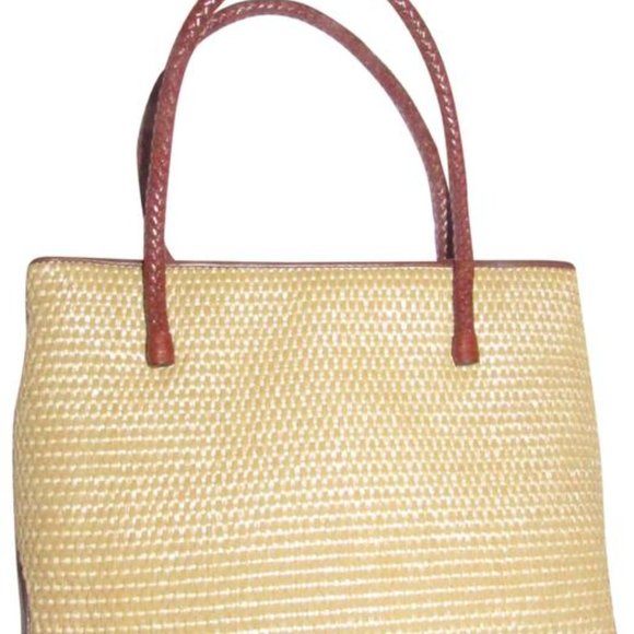Etienne Aigner Natural Woven Raffia w 2 Brown Leather Braided Handles